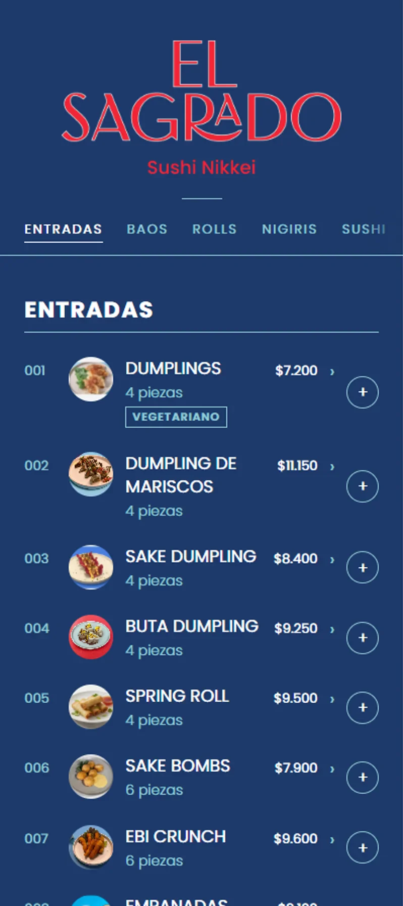 The Sagrado Sushi menu on a phone